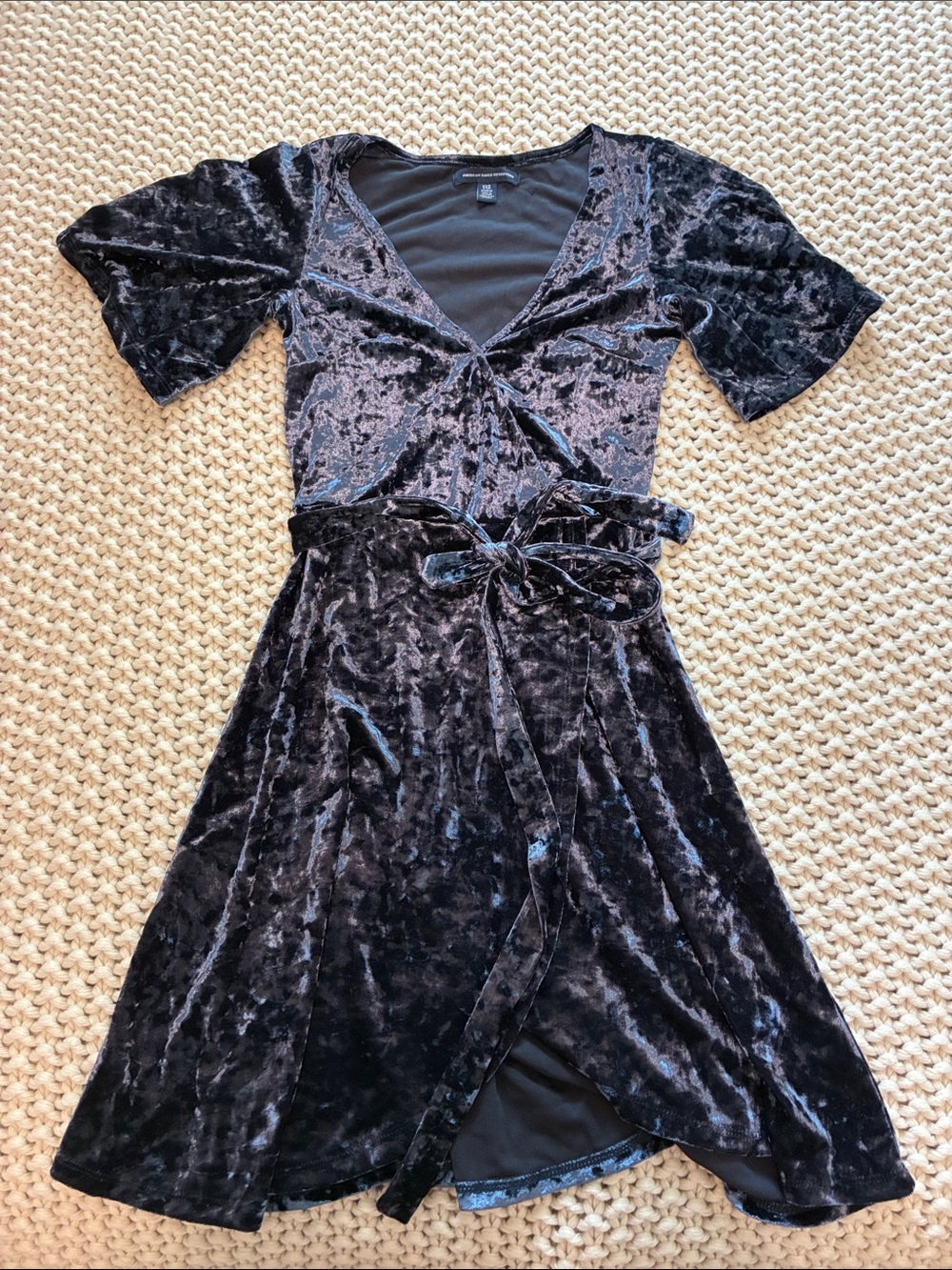American Eagle Crushed Velvet Wrap Dress in Blue